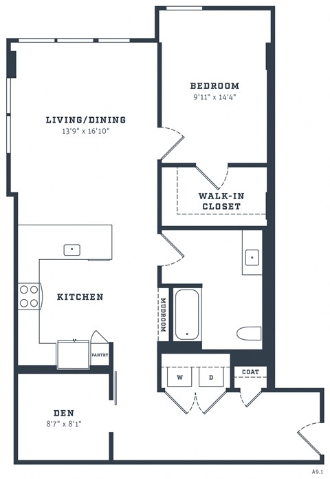 Floor plan for 1 bed, 1 bath, 951 sqft