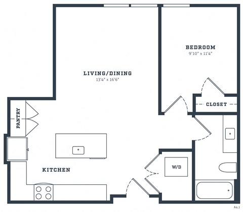 Floor plan for 1 bed, 1 bath, 713 sqft