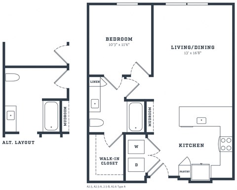 Floor plan for 1 bed, 1 bath, 738 sqft