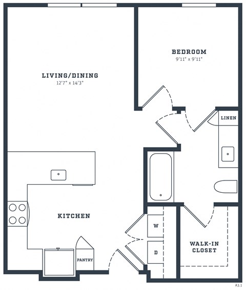 Floor plan for 1 bed, 1 bath, 727 sqft