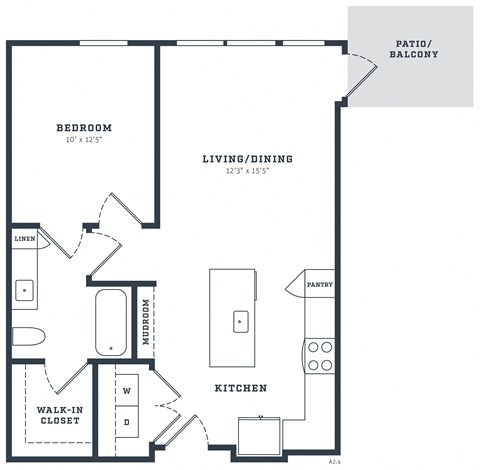 Floor plan for 1 bed, 1 bath, 730 sqft