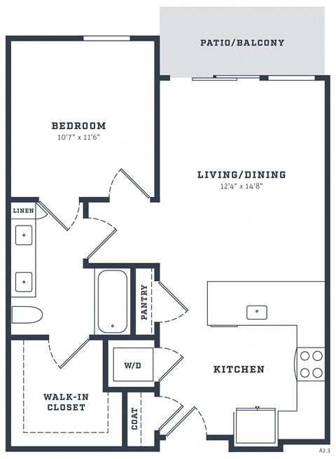 Floor plan for 1 bed, 1 bath, 745 sqft