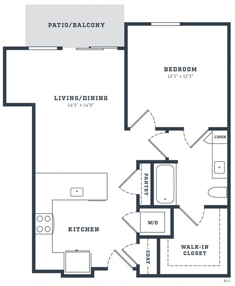 Floor plan for 1 bed, 1 bath, 766 sqft