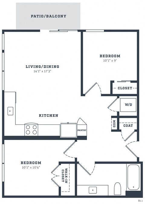 Floor plan for 2 beds, 1 bath, 845 sqft