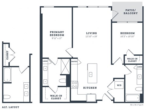 Floor plan for 2 beds, 2 baths, 1125 sqft