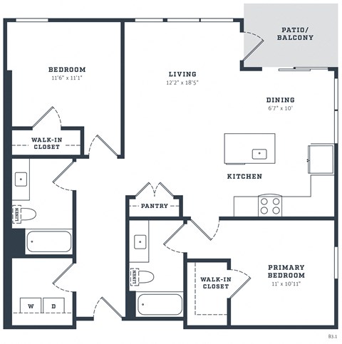 Floor plan for 2 beds, 2 baths, 1140 sqft