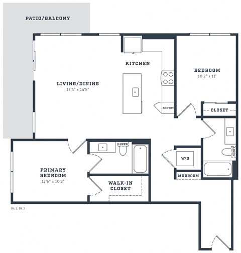 Floor plan for 2 beds, 2 baths, 1147 sqft