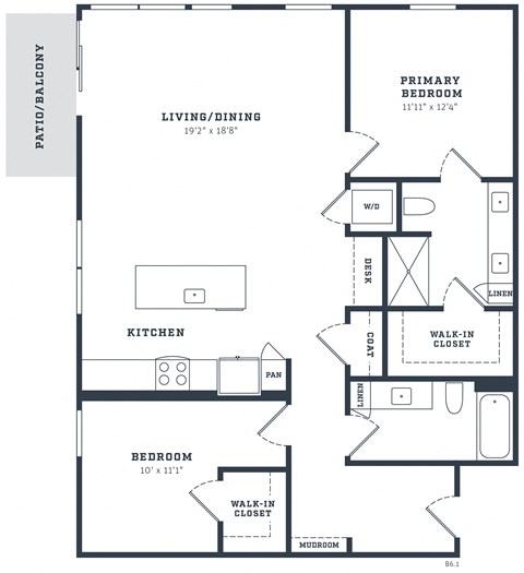 Floor plan for 2 beds, 2 baths, 1345 sqft
