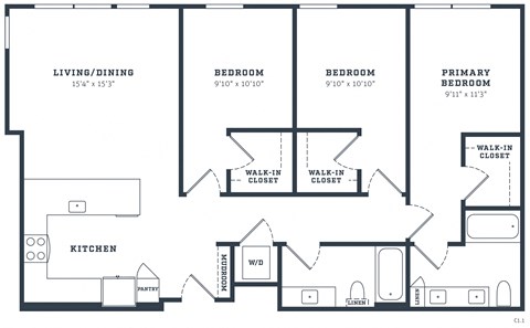 Floor plan for 3 beds, 2 baths, 1334 sqft