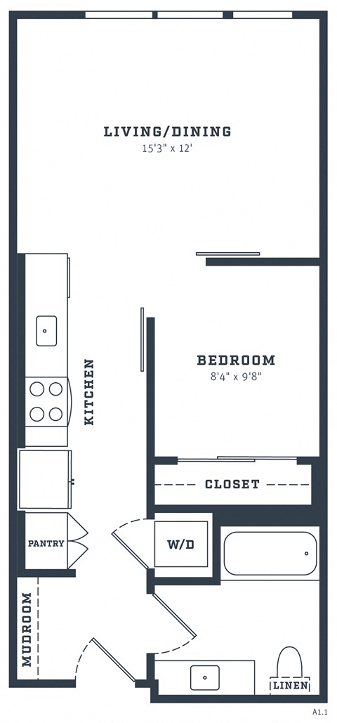 Floor plan for 1 bed, 1 bath, 581 sqft