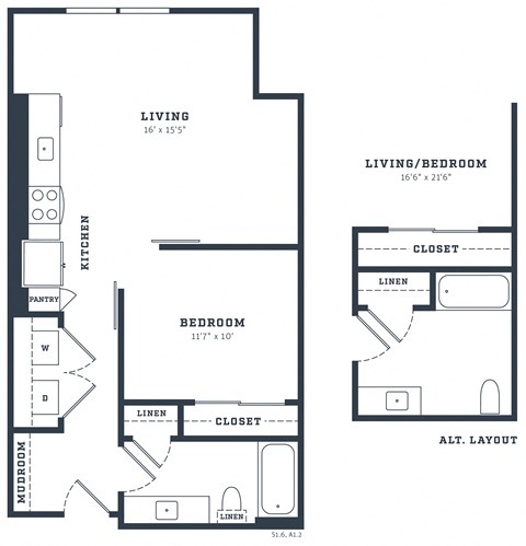 Floor plan for 1 bed, 1 bath, 688 sqft