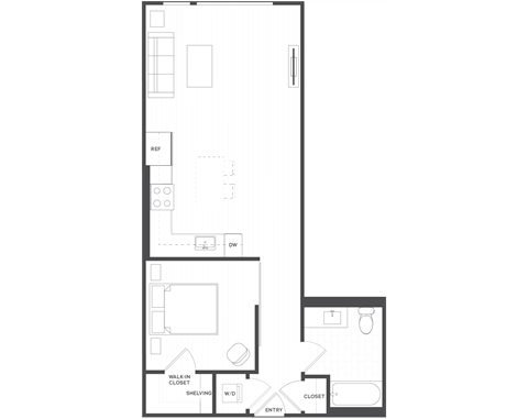 Floor plan for 1 bed, 1 bath, 643 sqft