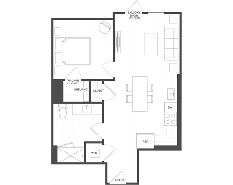 Floor plan for 1 bed, 1 bath, 612 sqft
