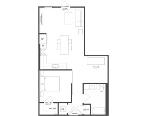 Floor plan for 1 bed, 1 bath, 711 sqft