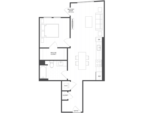 Floor plan for 1 bed, 1 bath, 685 sqft