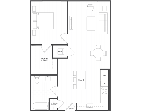Floor plan for 1 bed, 1 bath, 765 sqft