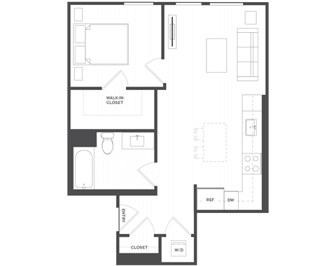 Floor plan for 1 bed, 1 bath, 624 sqft