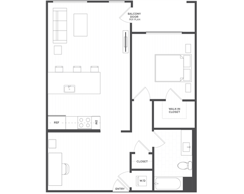 Floor plan for 1 bed, 1 bath, 837 sqft