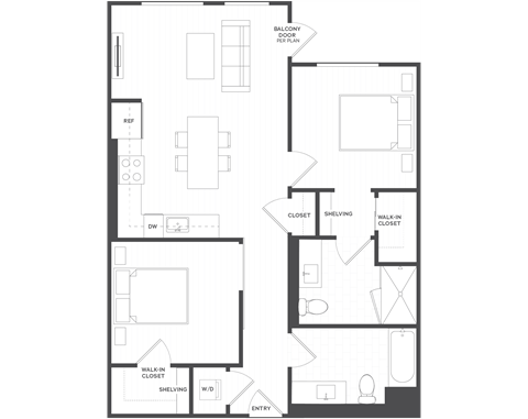 Floor plan for 2 beds, 2 baths, 923 sqft