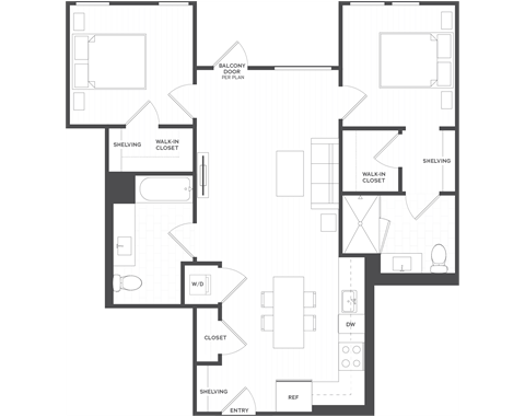 Floor plan for 2 beds, 2 baths, 935 sqft