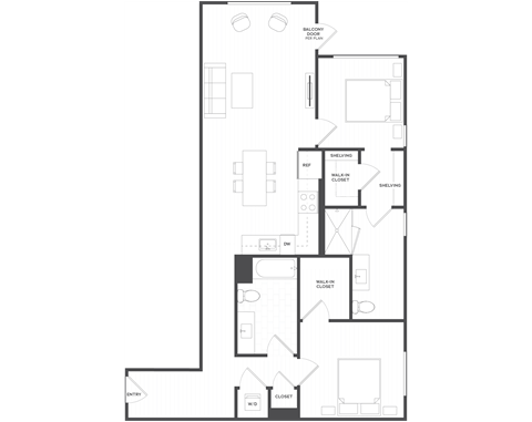 Floor plan for 2 beds, 2 baths, 1115 sqft