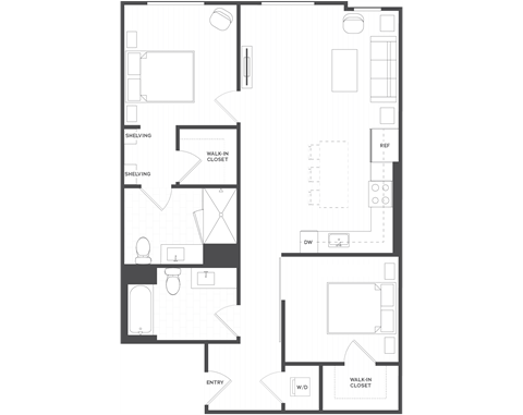 Floor plan for 2 beds, 2 baths, 959 sqft