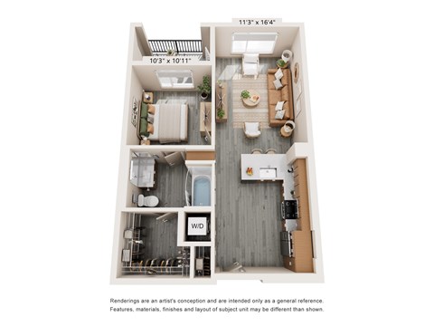 Floor plan for 1 bed, 1 bath, 698 sqft