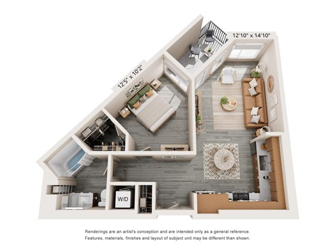 Floor plan for 1 bed, 1 bath, 714 sqft