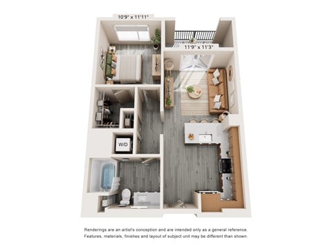 Floor plan for 1 bed, 1 bath, 722 sqft