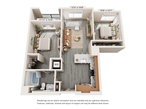 Floor plan for 2 beds, 1 bath, 964 sqft