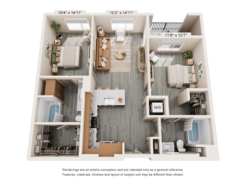 Floor plan for 2 beds, 2 baths, 1093 sqft