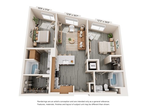 Floor plan for 2 beds, 2 baths, 1095 sqft