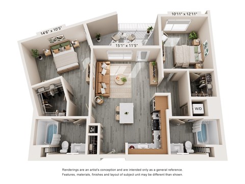 Floor plan for 2 beds, 2 baths, 1107 sqft