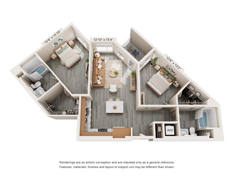Floor plan for 2 beds, 2 baths, 1089 sqft