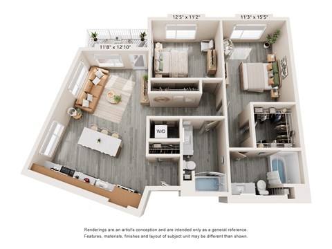 Floor plan for 2 beds, 2 baths, 1193 sqft