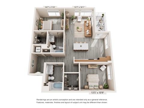 Floor plan for 2 beds, 2 baths, 1220 sqft