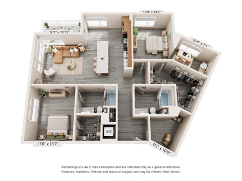 Floor plan for 2 beds, 2 baths, 1439 sqft