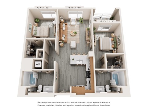 Floor plan for 2 beds, 2 baths, 1129 sqft