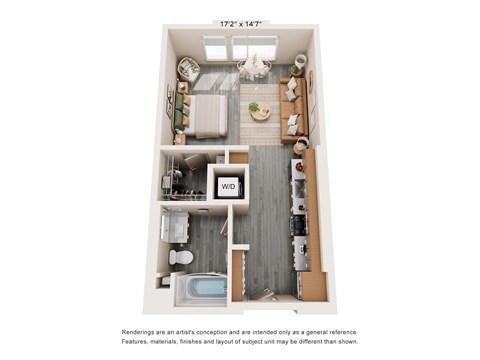 Floor plan for studio, 1 bath, 585 sqft