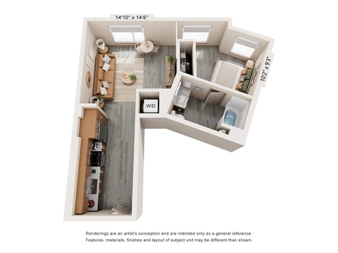 Floor plan for studio, 1 bath, 639 sqft