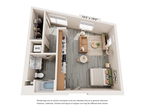 Floor plan for studio, 1 bath, 597 sqft