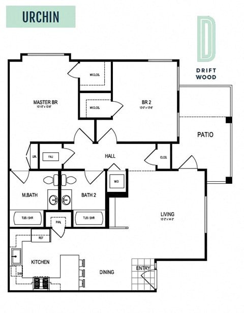 Floor plan for 2 beds, 2 baths, 1025 sqft