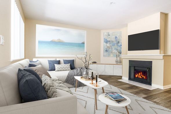 Thousand Oaks apartment for rent - Furnished Living Room with Fireplace and Wood-Style Flooring at Westlake Canyon, Thousand Oaks, California