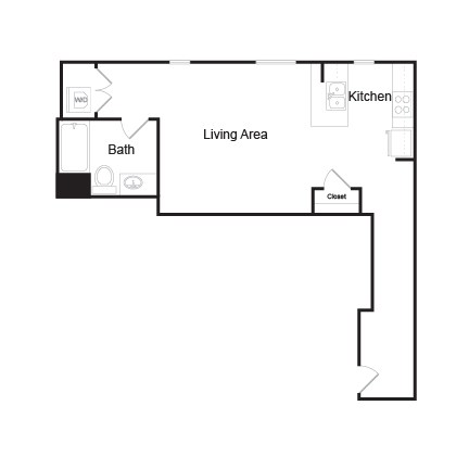 Floor plan for studio, 1 bath, 605 sqft