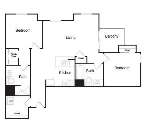 Floor plan for 2 beds, 2 baths, 1078 sqft