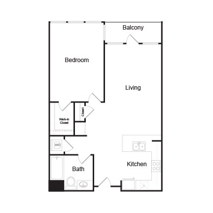 Floor plan for 1 bed, 1 bath, 799 sqft