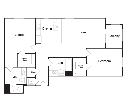 Floor plan for 2 beds, 2 baths, 1111 sqft
