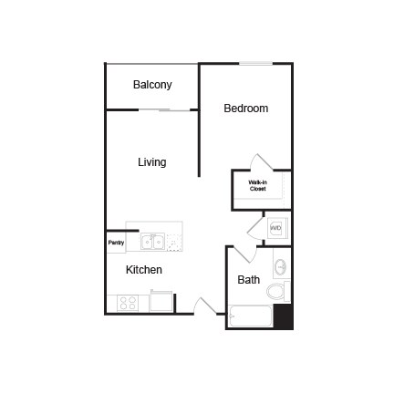 Floor plan for 1 bed, 1 bath, 617 sqft