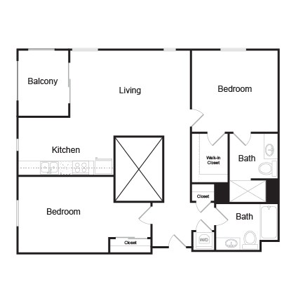 Floor plan for 2 beds, 2 baths, 1103 sqft
