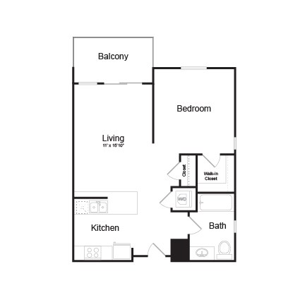 Floor plan for 1 bed, 1 bath, 655 sqft